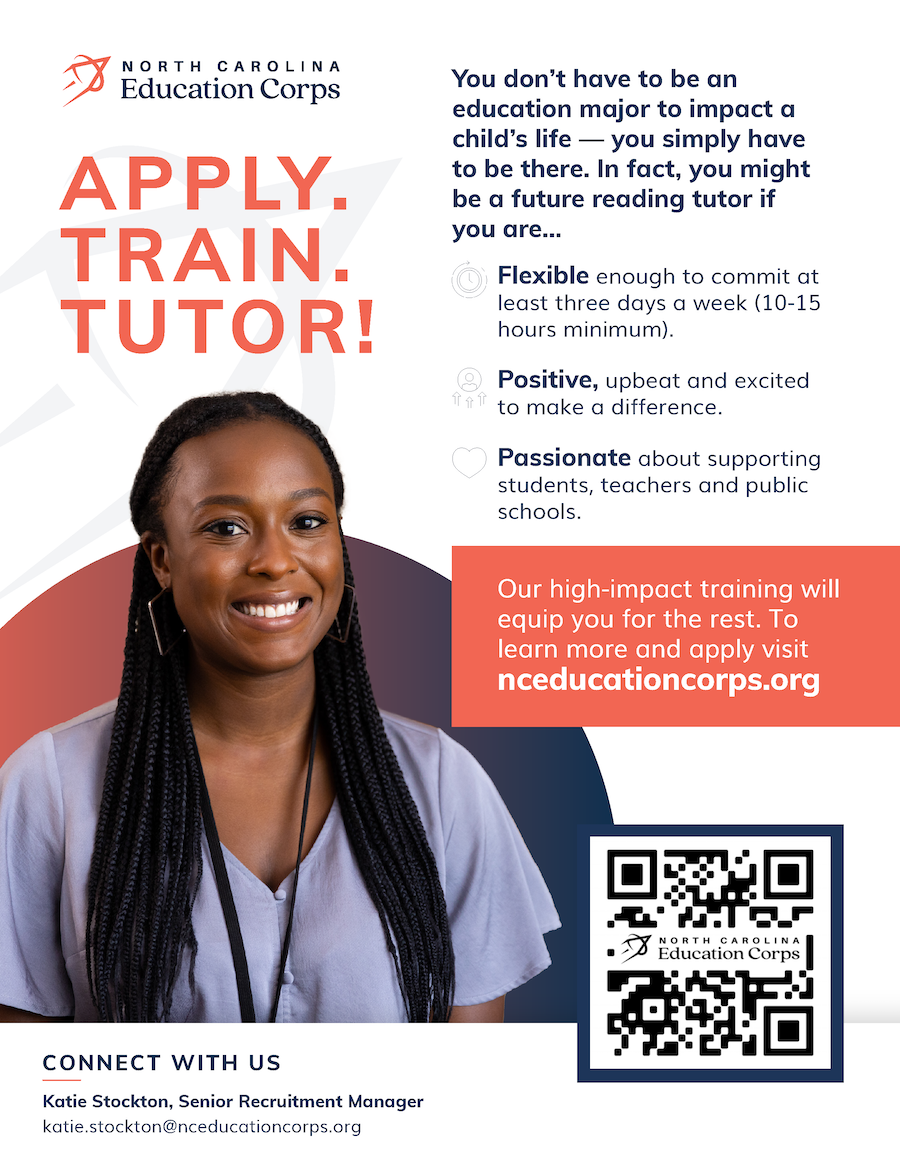 Flyer that says "Apply. Train. Tutor!" with information about tutoring and a photo of a young woman